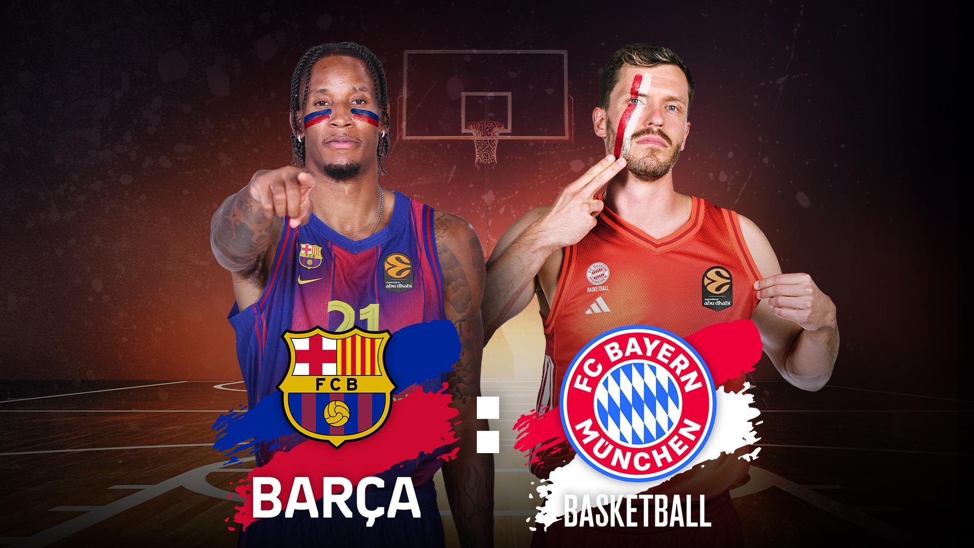 Werbemotiv mit den Spielern vom FC Barcelona und FC Bayern München mit Vereinslogos